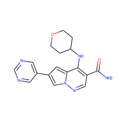 NC(=O)c1cnn2cc(-c3cncnc3)cc2c1NC1CCOCC1 ZINC000261142832