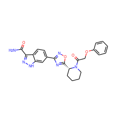 NC(=O)c1n[nH]c2cc(-c3noc([C@H]4CCCCN4C(=O)COc4ccccc4)n3)ccc12 ZINC000299858356