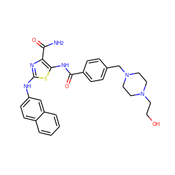 NC(=O)c1nc(Nc2ccc3ccccc3c2)sc1NC(=O)c1ccc(CN2CCN(CCO)CC2)cc1 ZINC000473164949