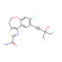 NC(=O)c1nc2c(s1)CCOc1cc(F)c(C#CC(O)(CF)CF)cc1-2 ZINC000215738982