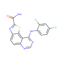 NC(=O)c1nc2ccc3ncnc(Nc4ccc(Cl)cc4Cl)c3c2s1 ZINC000205829821