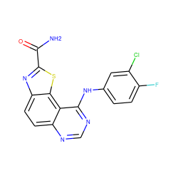 NC(=O)c1nc2ccc3ncnc(Nc4ccc(F)c(Cl)c4)c3c2s1 ZINC000206013082