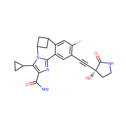 NC(=O)c1nc2n(c1C1CC1)C1CC(C1)c1cc(F)c(C#C[C@]3(O)CCNC3=O)cc1-2 ZINC000219472458