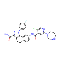 NC(=O)c1nn(-c2ccc(F)cc2)c2c1CCc1ccc(NC(=O)c3cc(N4CCCNCC4)ncc3Cl)cc1-2 ZINC000049766349