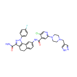 NC(=O)c1nn(-c2ccc(F)cc2)c2c1CCc1ccc(NC(=O)c3cc(N4CCN(Cc5cn[nH]c5)CC4)ncc3Cl)cc1-2 ZINC000066066162