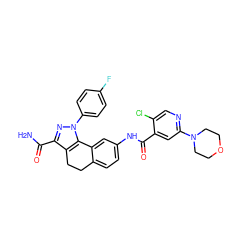 NC(=O)c1nn(-c2ccc(F)cc2)c2c1CCc1ccc(NC(=O)c3cc(N4CCOCC4)ncc3Cl)cc1-2 ZINC000049767292