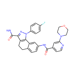 NC(=O)c1nn(-c2ccc(F)cc2)c2c1CCc1ccc(NC(=O)c3ccnc(N4CCOCC4)c3)cc1-2 ZINC000038913264