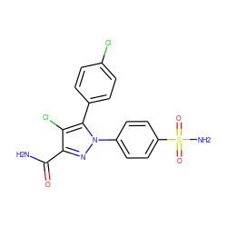 NC(=O)c1nn(-c2ccc(S(N)(=O)=O)cc2)c(-c2ccc(Cl)cc2)c1Cl ZINC000013761865