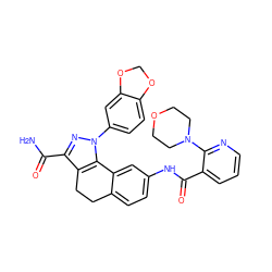 NC(=O)c1nn(-c2ccc3c(c2)OCO3)c2c1CCc1ccc(NC(=O)c3cccnc3N3CCOCC3)cc1-2 ZINC000049766335