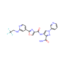 NC(=O)c1nn(-c2cccnc2)cc1NC(=O)c1coc(-c2ccnc(NCC(F)(F)F)c2)n1 ZINC000143742162