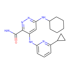 NC(=O)c1nnc(NC2CCCCC2)cc1Nc1cccc(C2CC2)n1 ZINC000169308332