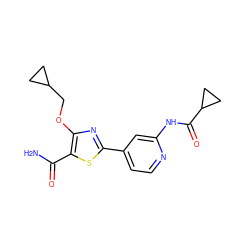 NC(=O)c1sc(-c2ccnc(NC(=O)C3CC3)c2)nc1OCC1CC1 ZINC000299867848