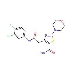 NC(=O)c1sc(N2CCOCC2)nc1CC(=O)Nc1ccc(F)c(Cl)c1 ZINC000103243880