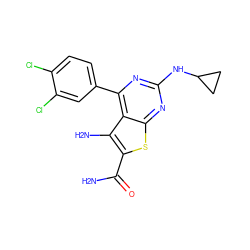 NC(=O)c1sc2nc(NC3CC3)nc(-c3ccc(Cl)c(Cl)c3)c2c1N ZINC000073224542