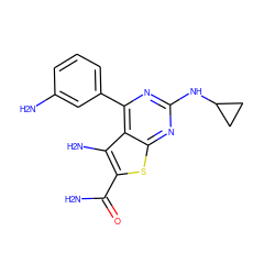 NC(=O)c1sc2nc(NC3CC3)nc(-c3cccc(N)c3)c2c1N ZINC000073219715