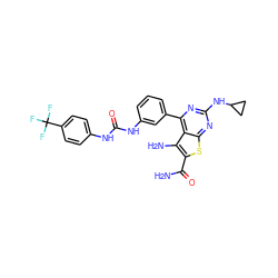 NC(=O)c1sc2nc(NC3CC3)nc(-c3cccc(NC(=O)Nc4ccc(C(F)(F)F)cc4)c3)c2c1N ZINC000073386563