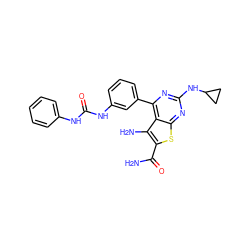 NC(=O)c1sc2nc(NC3CC3)nc(-c3cccc(NC(=O)Nc4ccccc4)c3)c2c1N ZINC000073220000