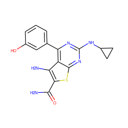 NC(=O)c1sc2nc(NC3CC3)nc(-c3cccc(O)c3)c2c1N ZINC000073222933