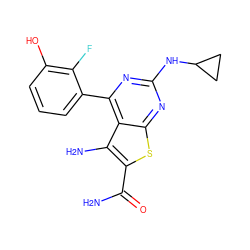 NC(=O)c1sc2nc(NC3CC3)nc(-c3cccc(O)c3F)c2c1N ZINC000073240606