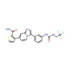 NC(=O)c1sccc1-c1ccn2c(-c3cccc(NC(=O)NCC(F)(F)F)c3)cnc2c1 ZINC000147004104