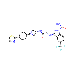 NC(=O)n1nc(NCC(=O)NC2CN([C@H]3CC[C@@H](c4nccs4)CC3)C2)c2cc(C(F)(F)F)ccc21 ZINC000261150467