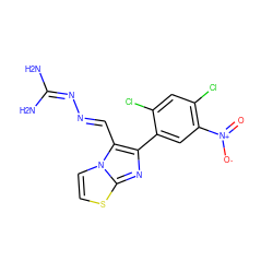 NC(N)=N/N=C/c1c(-c2cc([N+](=O)[O-])c(Cl)cc2Cl)nc2sccn12 ZINC000013005177