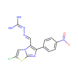 NC(N)=N/N=C/c1c(-c2ccc([N+](=O)[O-])cc2)nc2sc(Cl)cn12 ZINC000013005170