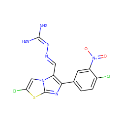 NC(N)=N/N=C/c1c(-c2ccc(Cl)c([N+](=O)[O-])c2)nc2sc(Cl)cn12 ZINC000005974001