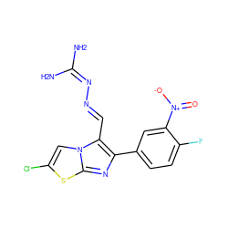 NC(N)=N/N=C/c1c(-c2ccc(F)c([N+](=O)[O-])c2)nc2sc(Cl)cn12 ZINC000073140739