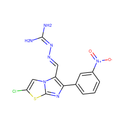 NC(N)=N/N=C/c1c(-c2cccc([N+](=O)[O-])c2)nc2sc(Cl)cn12 ZINC000005974055