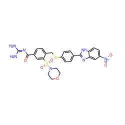 NC(N)=NC(=O)c1ccc(CSc2ccc(-c3nc4cc([N+](=O)[O-])ccc4[nH]3)cc2)c(S(=O)(=O)N2CCOCC2)c1 ZINC000028819140