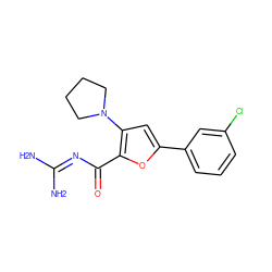 NC(N)=NC(=O)c1oc(-c2cccc(Cl)c2)cc1N1CCCC1 ZINC000028822473