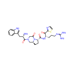 NC(N)=NCCC[C@H](NC(=O)[C@@H]1CC[C@H]2CN(C(=O)[C@@H](N)Cc3c[nH]c4ccccc34)CC(=O)N21)C(=O)c1nccs1 ZINC000026953806