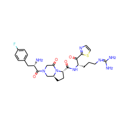 NC(N)=NCCC[C@H](NC(=O)[C@@H]1CC[C@H]2CN(C(=O)[C@@H](N)Cc3ccc(F)cc3)CC(=O)N21)C(=O)c1nccs1 ZINC000026851652