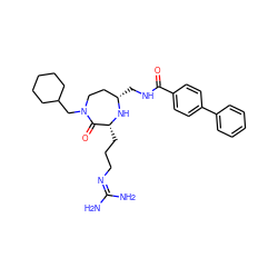 NC(N)=NCCC[C@H]1N[C@@H](CNC(=O)c2ccc(-c3ccccc3)cc2)CCN(CC2CCCCC2)C1=O ZINC000145222873