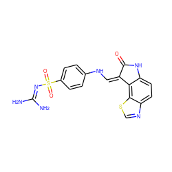 NC(N)=NS(=O)(=O)c1ccc(N/C=C2\C(=O)Nc3ccc4ncsc4c32)cc1 ZINC000013470492