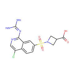 NC(N)=Nc1ncc(Cl)c2ccc(S(=O)(=O)N3CC(C(=O)O)C3)cc12 ZINC000014960812