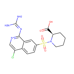 NC(N)=Nc1ncc(Cl)c2ccc(S(=O)(=O)N3CCCC[C@@H]3C(=O)O)cc12 ZINC000014960824