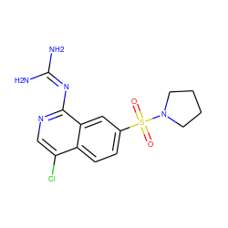 NC(N)=Nc1ncc(Cl)c2ccc(S(=O)(=O)N3CCCC3)cc12 ZINC000014960716