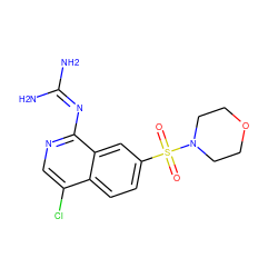 NC(N)=Nc1ncc(Cl)c2ccc(S(=O)(=O)N3CCOCC3)cc12 ZINC000014960720