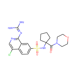 NC(N)=Nc1ncc(Cl)c2ccc(S(=O)(=O)NC3(C(=O)N4CCOCC4)CCCC3)cc12 ZINC000014960859