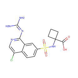 NC(N)=Nc1ncc(Cl)c2ccc(S(=O)(=O)NC3(C(=O)O)CCC3)cc12 ZINC000014960792