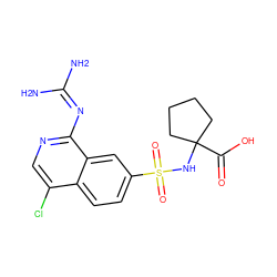 NC(N)=Nc1ncc(Cl)c2ccc(S(=O)(=O)NC3(C(=O)O)CCCC3)cc12 ZINC000014960796