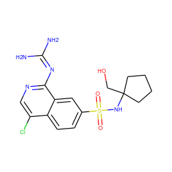 NC(N)=Nc1ncc(Cl)c2ccc(S(=O)(=O)NC3(CO)CCCC3)cc12 ZINC000014960847