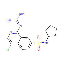 NC(N)=Nc1ncc(Cl)c2ccc(S(=O)(=O)NC3CCCC3)cc12 ZINC000014960712