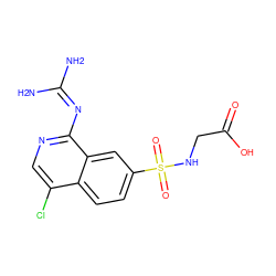 NC(N)=Nc1ncc(Cl)c2ccc(S(=O)(=O)NCC(=O)O)cc12 ZINC000014960736