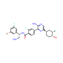 NC[C@@H](NC(=O)c1ccc(-c2nc([C@@H]3CC[C@@H](O)[C@@H](F)C3)cnc2N)cc1F)c1cc(F)cc(Br)c1 ZINC001772625028