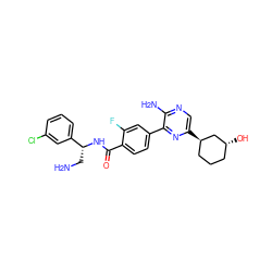 NC[C@@H](NC(=O)c1ccc(-c2nc([C@@H]3CCC[C@@H](O)C3)cnc2N)cc1F)c1cccc(Cl)c1 ZINC001772607685