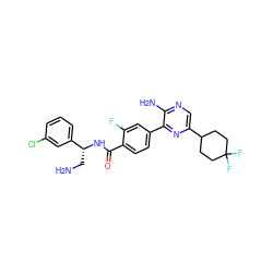 NC[C@@H](NC(=O)c1ccc(-c2nc(C3CCC(F)(F)CC3)cnc2N)cc1F)c1cccc(Cl)c1 ZINC001772610312