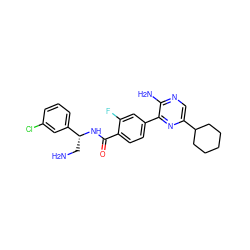 NC[C@@H](NC(=O)c1ccc(-c2nc(C3CCCCC3)cnc2N)cc1F)c1cccc(Cl)c1 ZINC001772614556